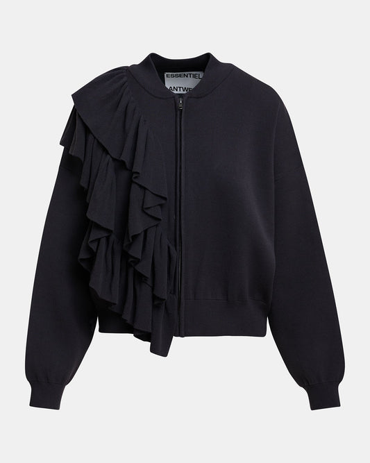 Black ruffled jacket on a light gray background