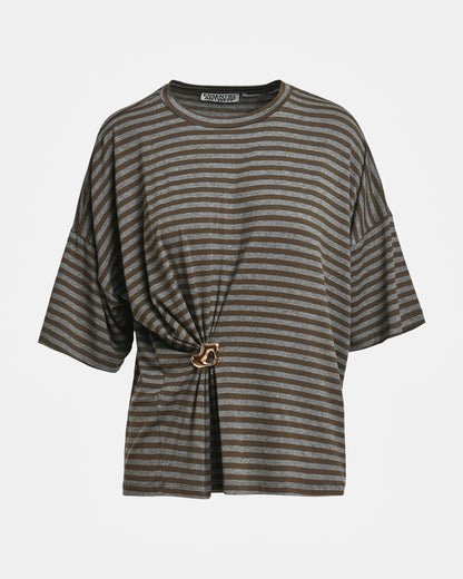 Kriss Striped T-Shirt With Brooch in Khaki Stripe