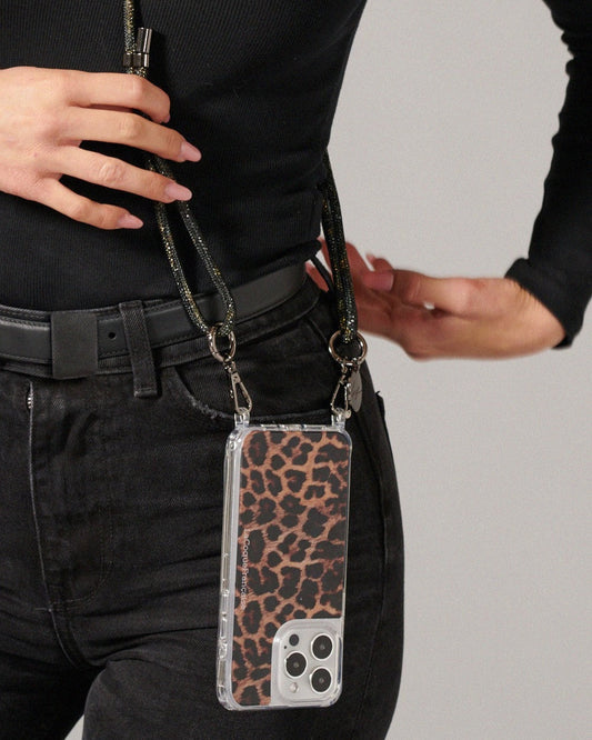 Mariah Phone Chain - Black Leopard Print Rhinestone Cord