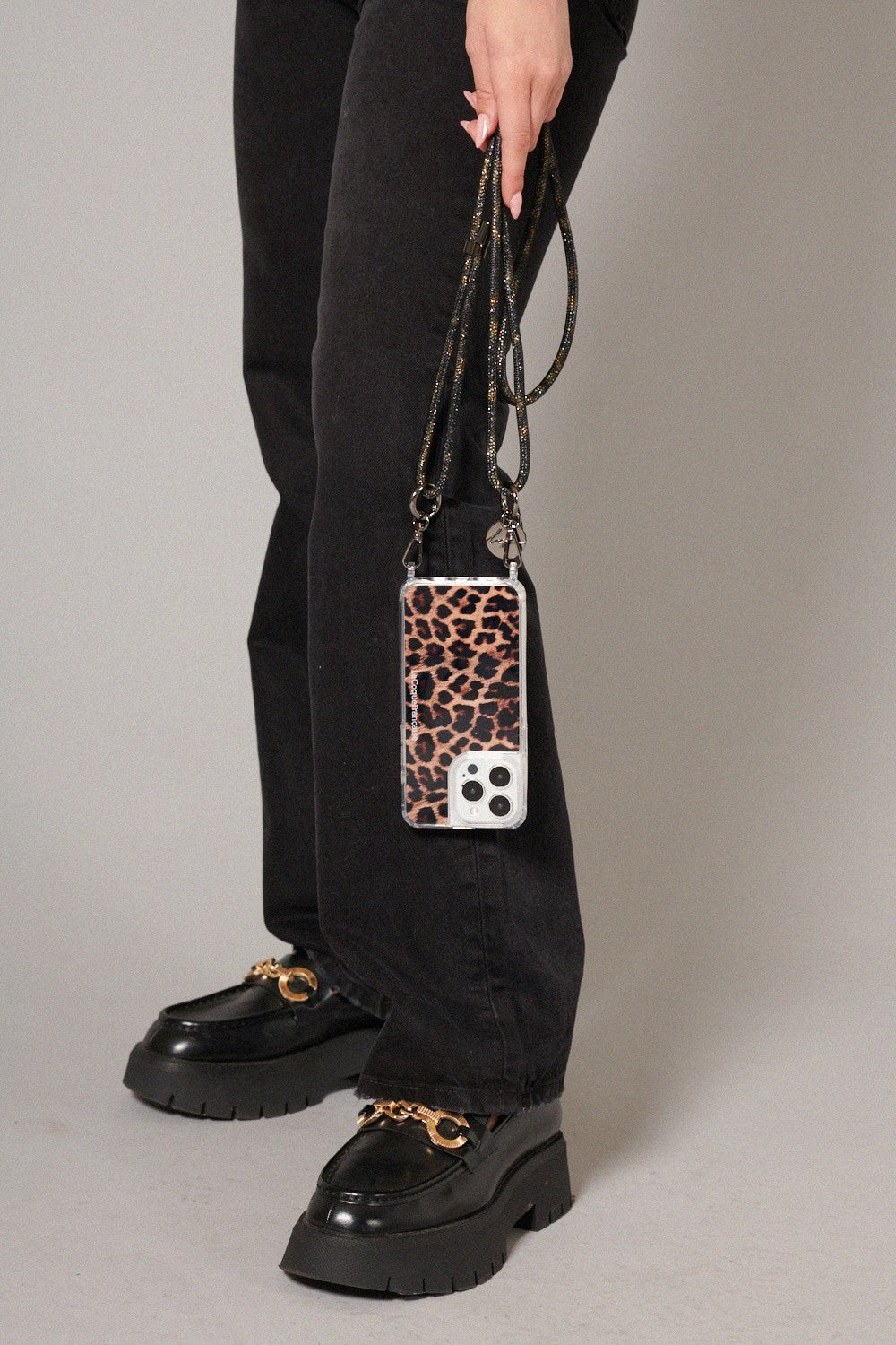 Mariah Phone Chain - Black Leopard Print Rhinestone Cord