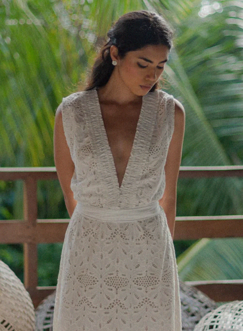 Lewis Yates Spring Summer Womenswear Woman in a white dress