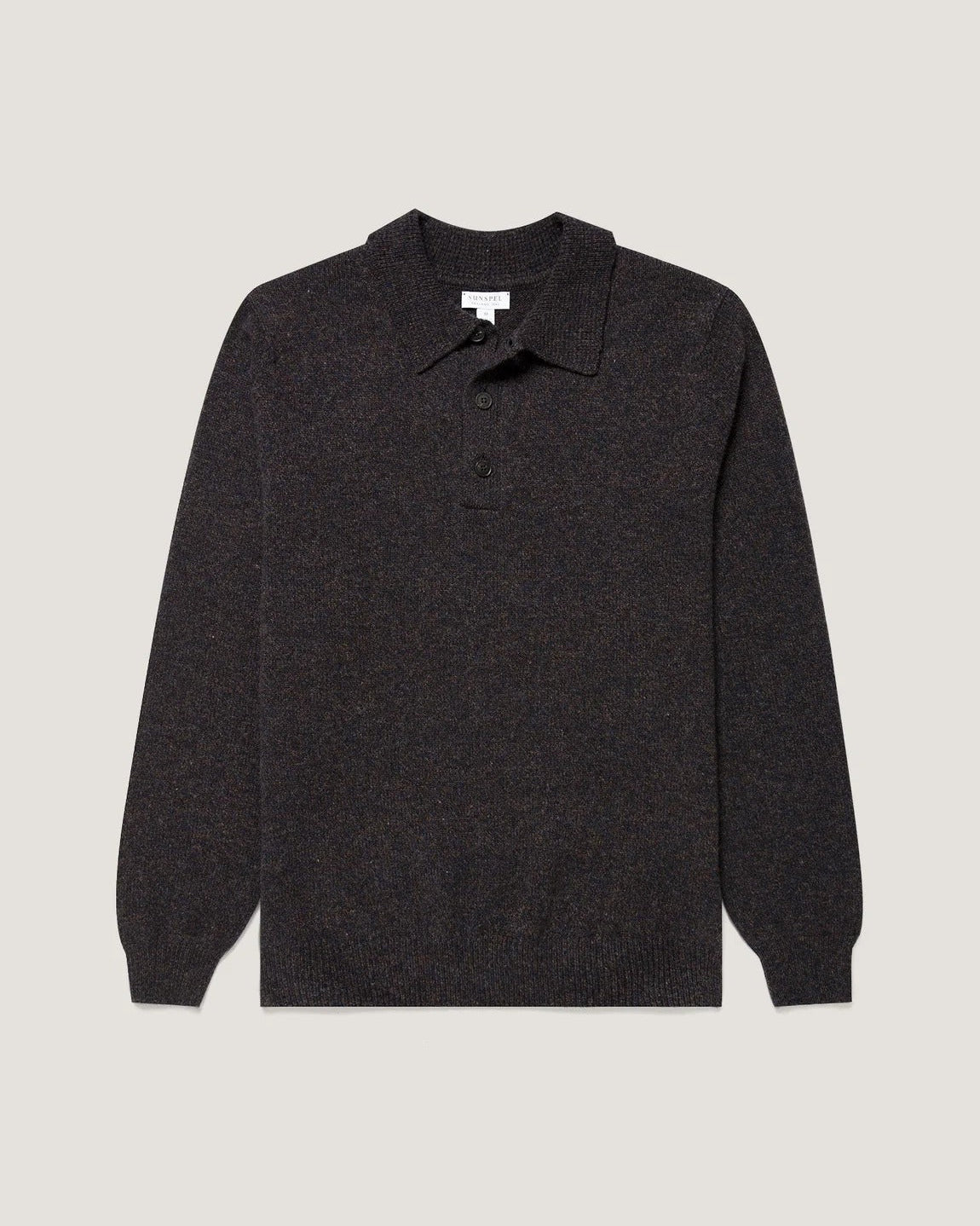 A dark charcoal gray knit polo sweater with a collar and two-button placket, displayed flat against a light gray background.