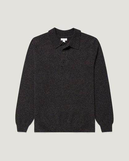 A dark charcoal gray knit polo sweater with a collar and two-button placket, displayed flat against a light gray background.