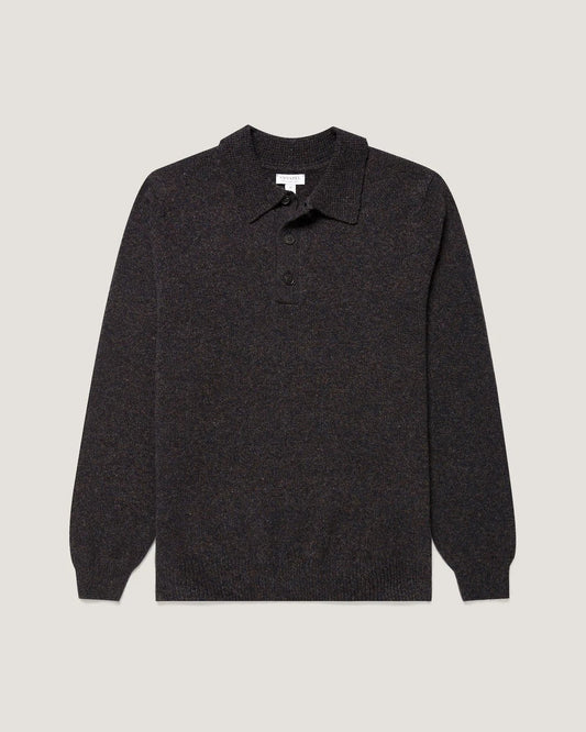 A dark charcoal gray knit polo sweater with a collar and two-button placket, displayed flat against a light gray background.