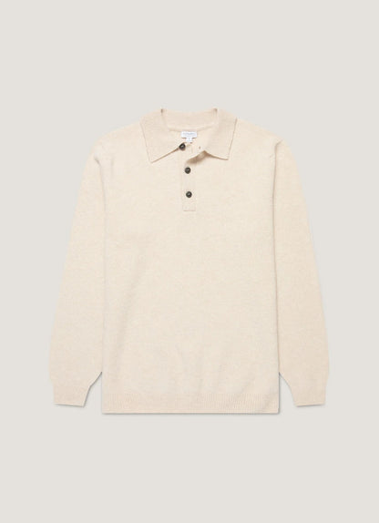 Lambswool Knitted Polo Shirt - Oatmeal Melange