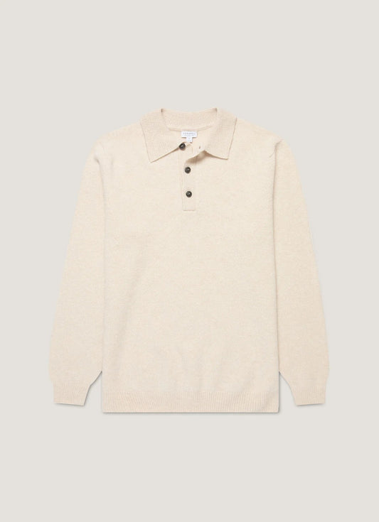 Lambswool Knitted Polo Shirt - Oatmeal Melange