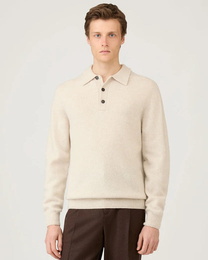 Lambswool Knitted Polo Shirt - Oatmeal Melange