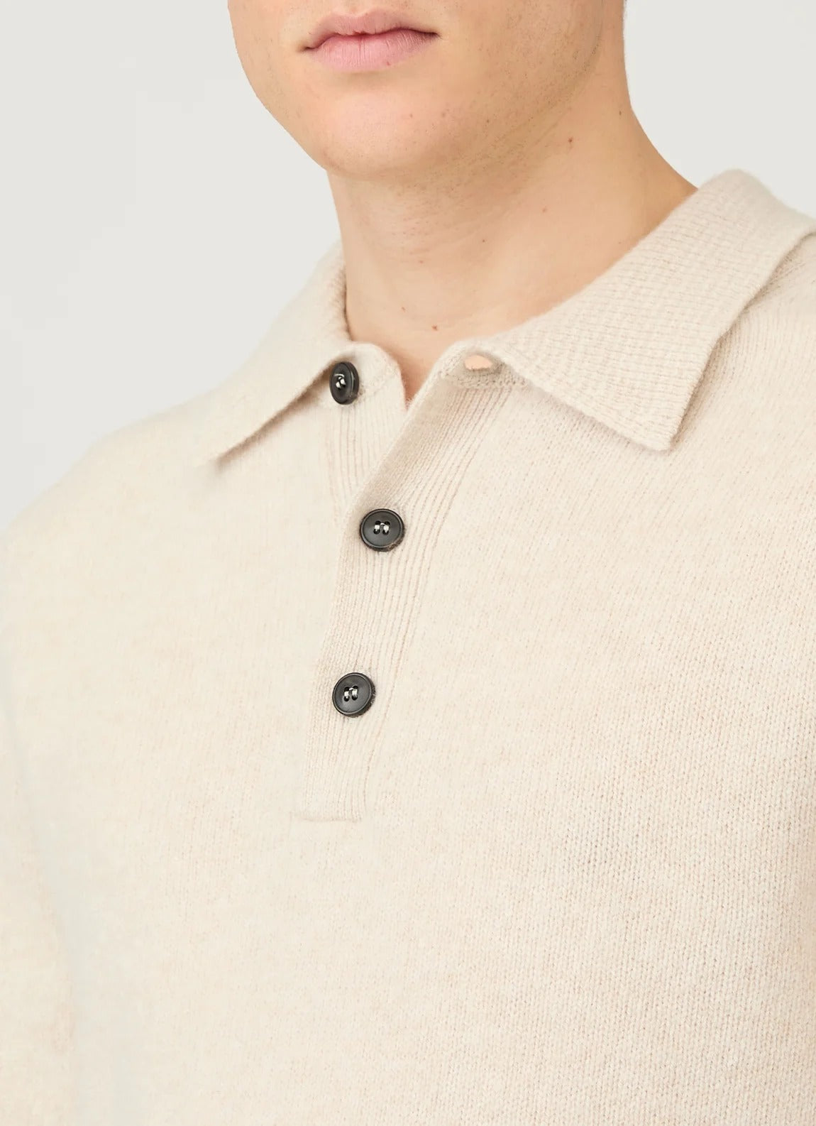 Lambswool Knitted Polo Shirt - Oatmeal Melange
