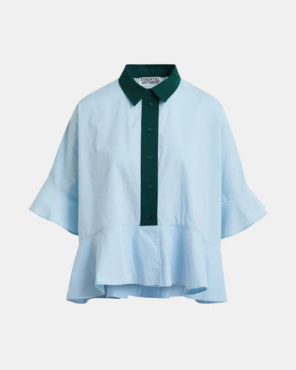 Light blue cotton peplum shirt with dark green contrast detailing
