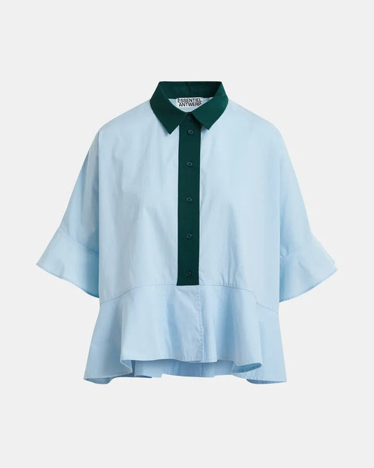 Light blue cotton peplum shirt with dark green contrast detailing
