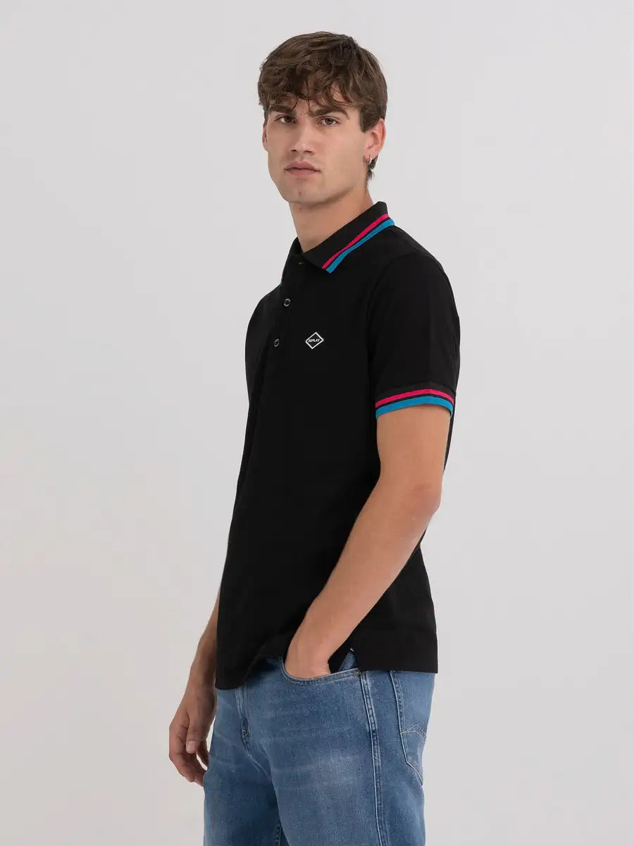 Black Pique Polo With Pink Trim