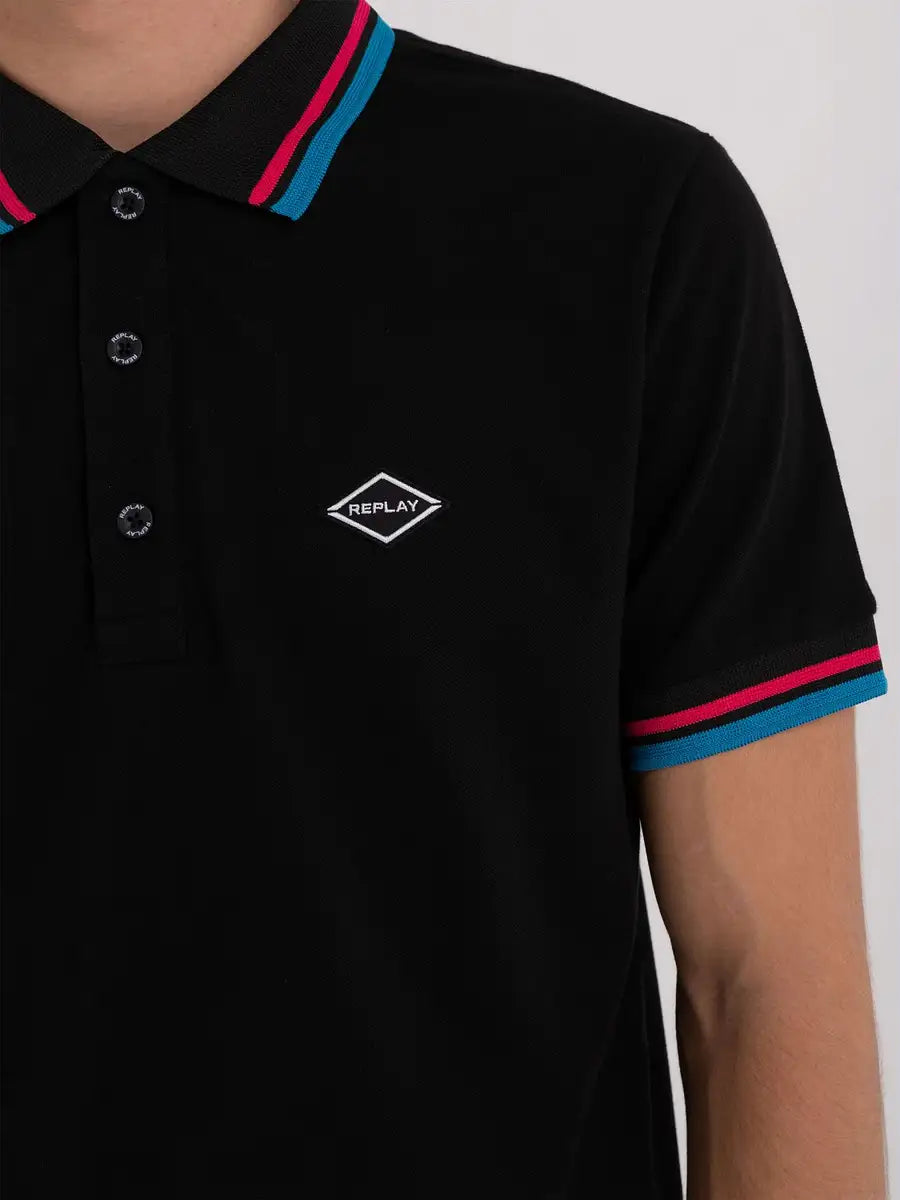 Black Pique Polo With Pink Trim