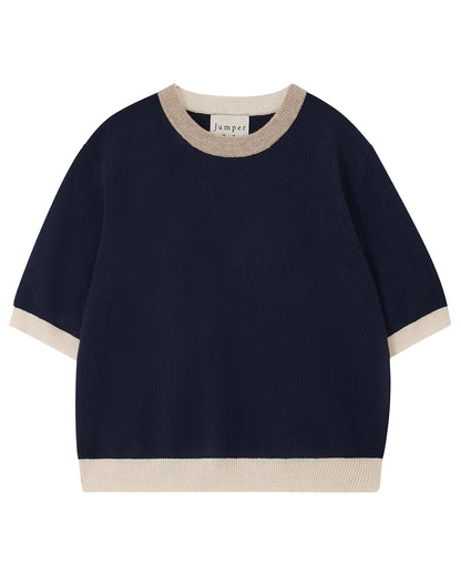 Many Contrast Knitted Cashmere T-Shirt Navy
