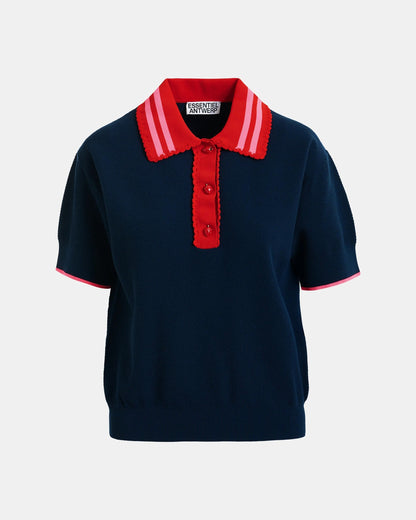 Navy blue polo shirt with red collar and trim on a white background