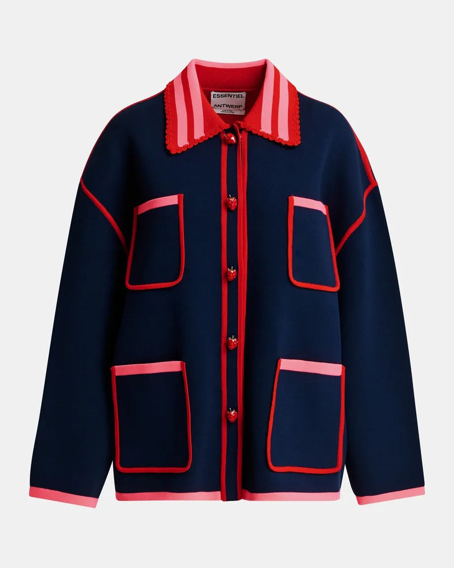 Navy, red and pink fine knit cardigan with lace-trimmed collar and strawberry-shaped buttons
