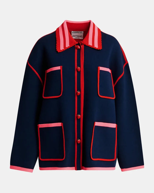 Navy, red and pink fine knit cardigan with lace-trimmed collar and strawberry-shaped buttons
