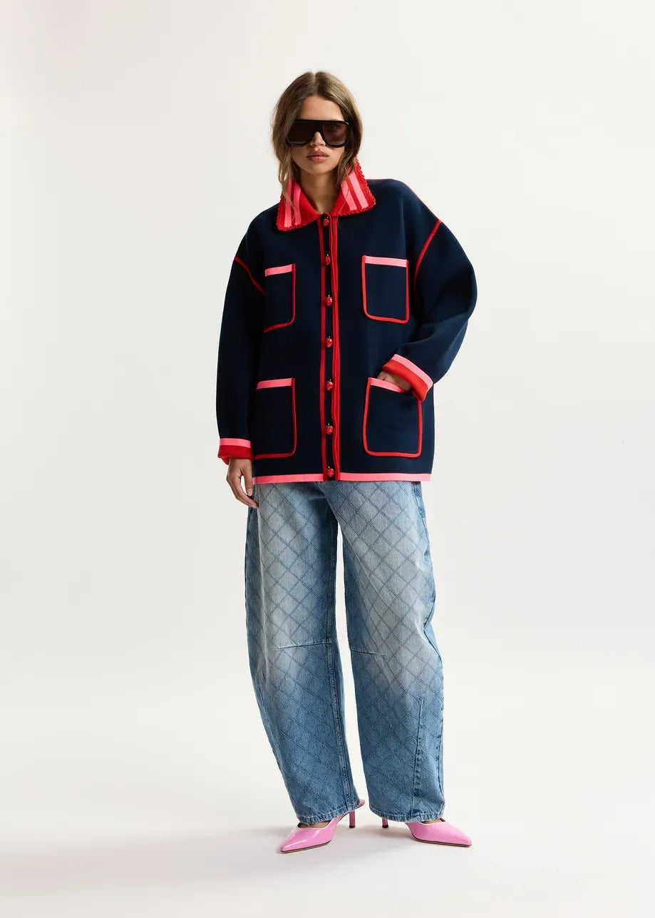 Navy, red and pink fine knit cardigan with lace-trimmed collar and strawberry-shaped buttons