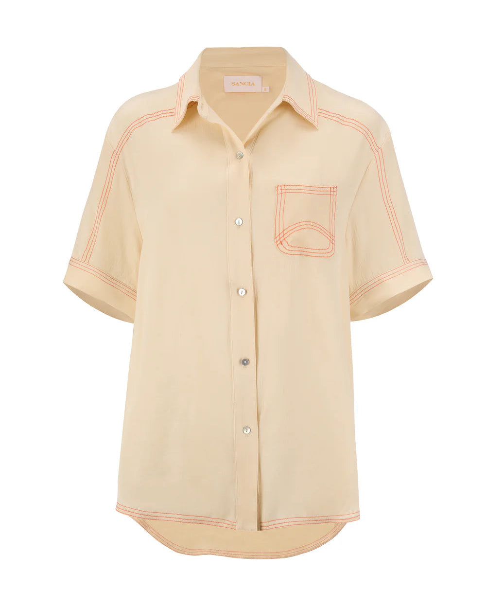 Beige shirt with red stitching on a white background