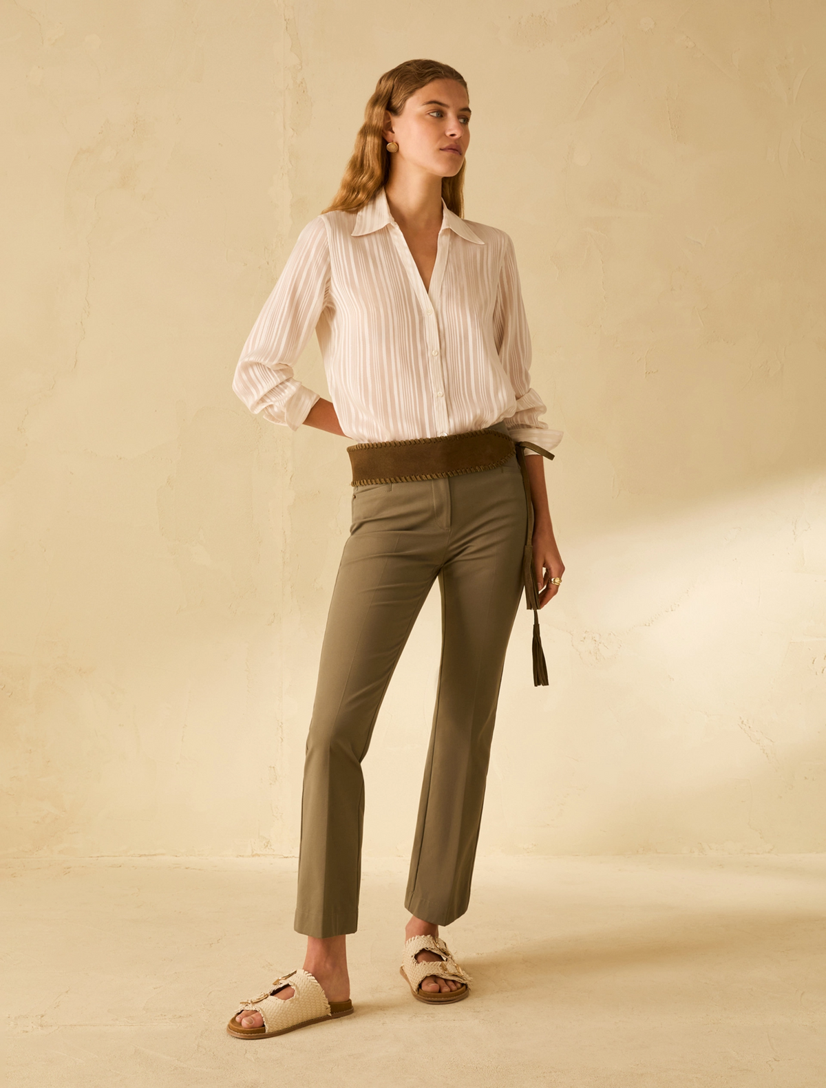 Mini-Flared Twill Trousers in Khaki