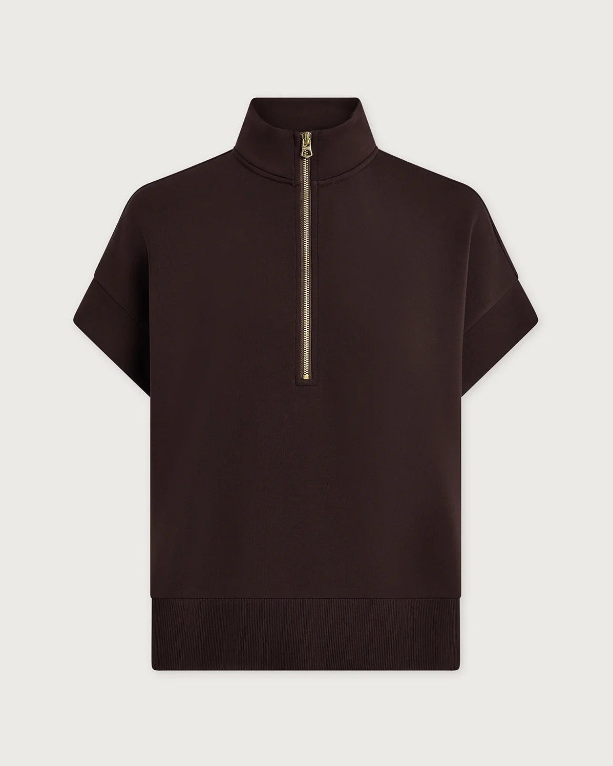 Brown Varley short-sleeve top with a gold zipper on a light gray background