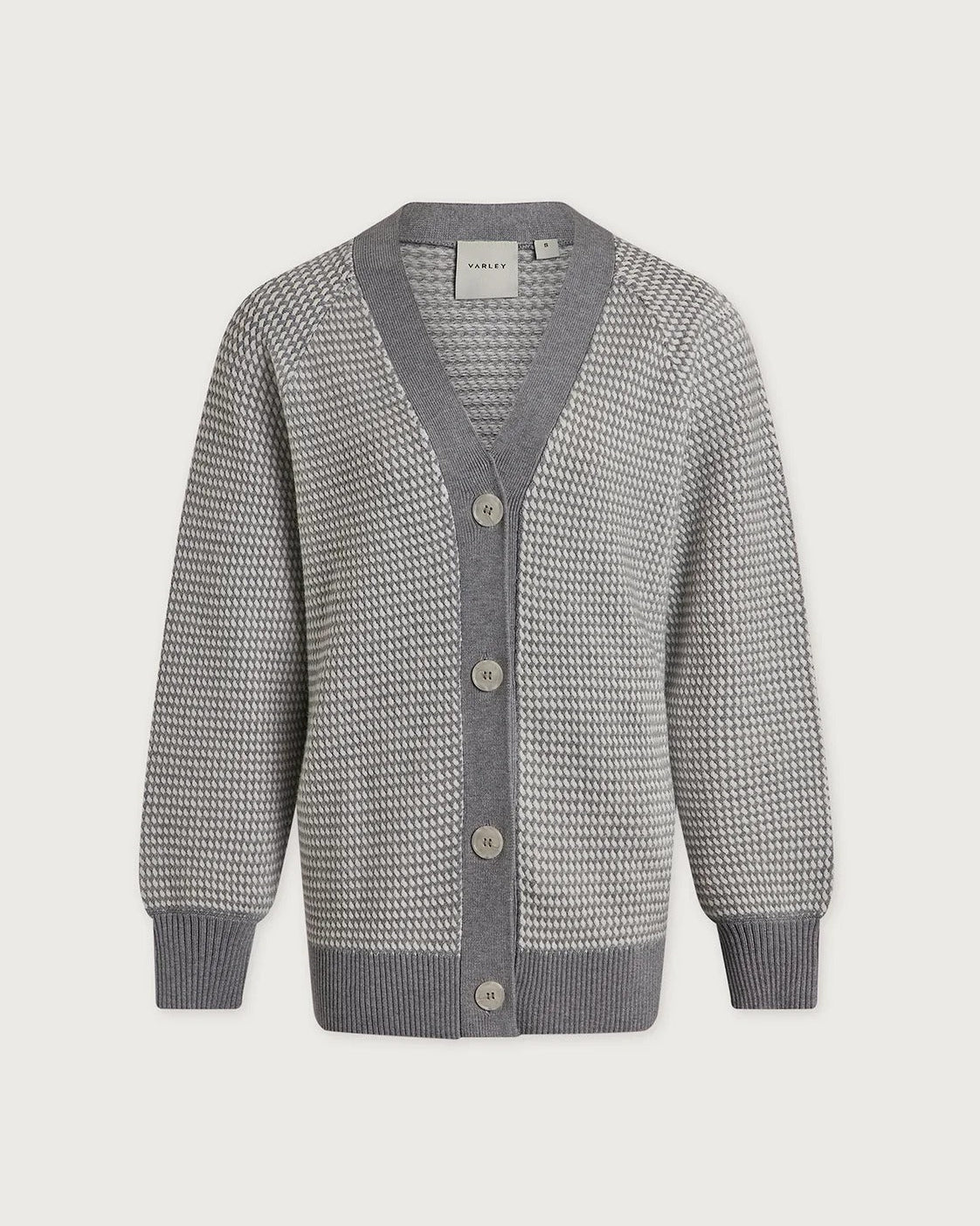 A gray and white textured knit cardigan sweater with a V-neck, button closure, and ribbed cuffs and hem, shown against a light gray background.