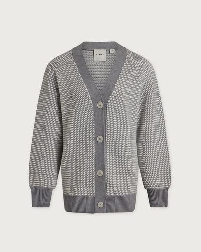 A gray and white textured knit cardigan sweater with a V-neck, button closure, and ribbed cuffs and hem, shown against a light gray background.