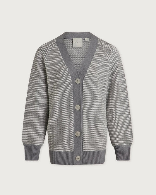 A gray and white textured knit cardigan sweater with a V-neck, button closure, and ribbed cuffs and hem, shown against a light gray background.