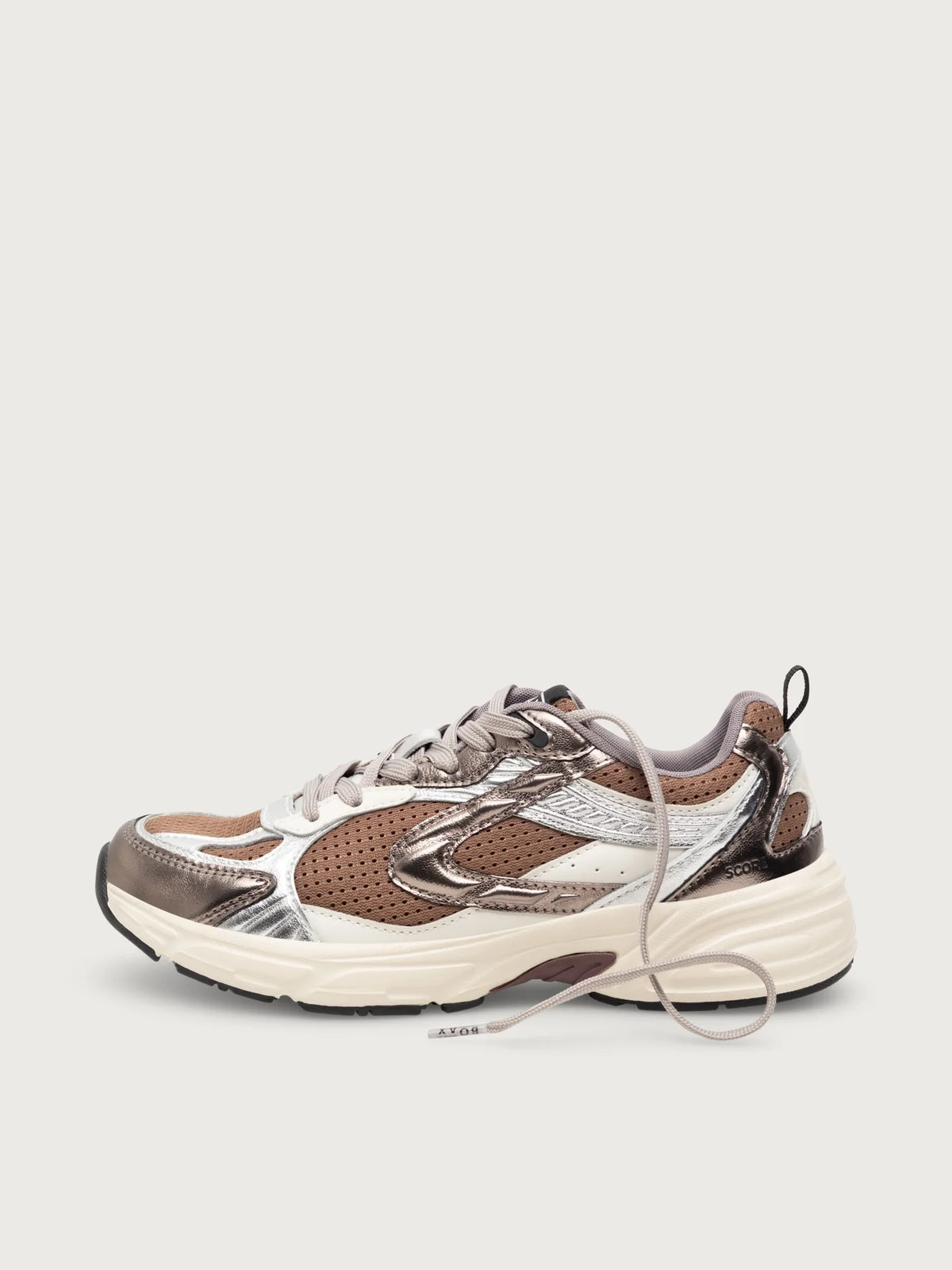 A low-top chunky sneaker in metallic bronze, silver, and brown mesh with a thick off-white sole, shown from a side profile on a light gray background.