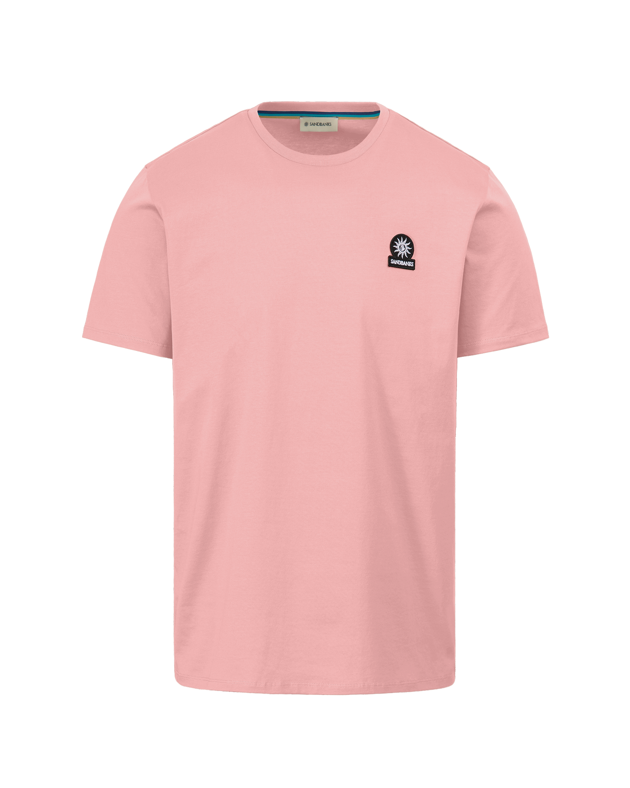 Pink t-shirt with a small logo on a white background