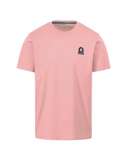 Pink t-shirt with a small logo on a white background