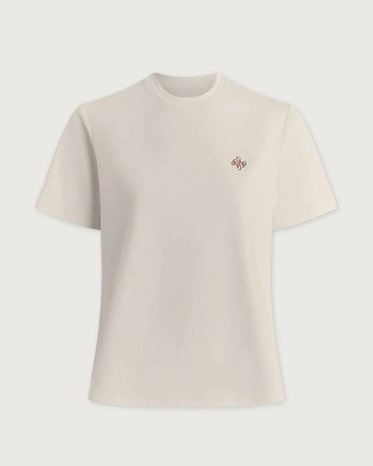 Beige t-shirt with a small logo on a white background
