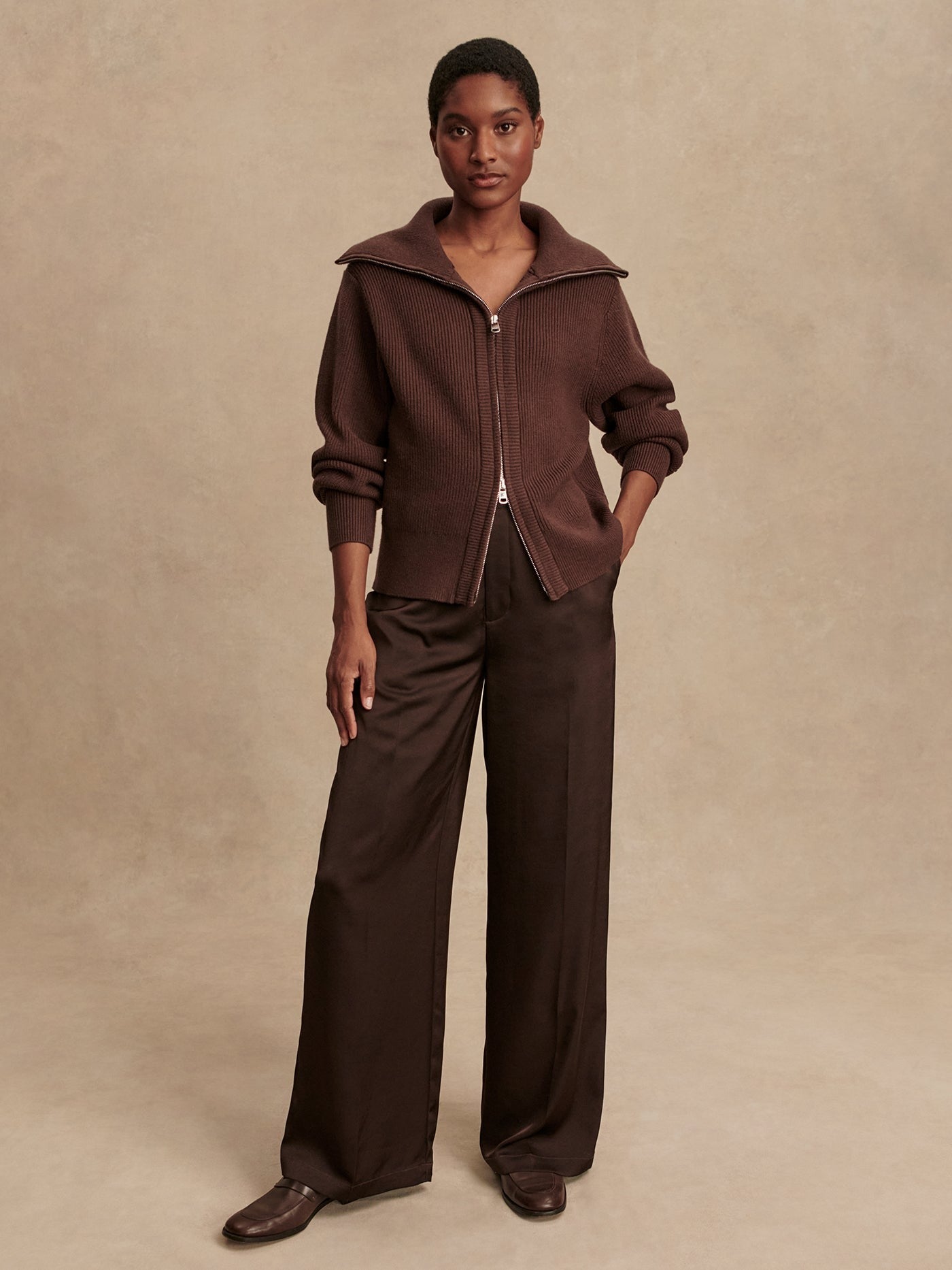 Enrico Zip-Through Knit Jacket
 - Coffee Bean