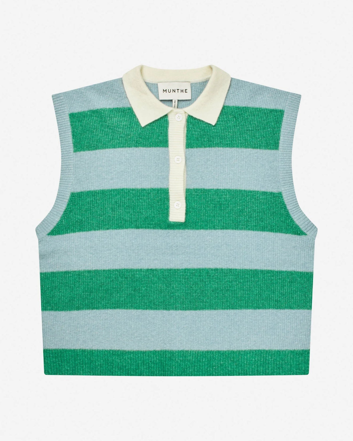 Green and light blue striped sleeveless sweater vest on a white background