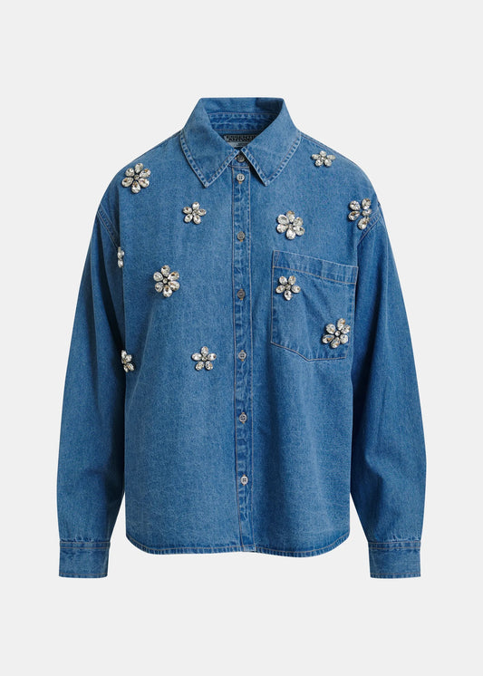 Blue denim shirt with floral rhinestone embellishments from essentiel antwerp