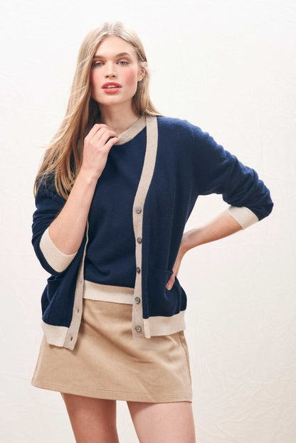 Many Contrast Cashmere Cardigan Navy-Jumper 1234-Lewis Yates