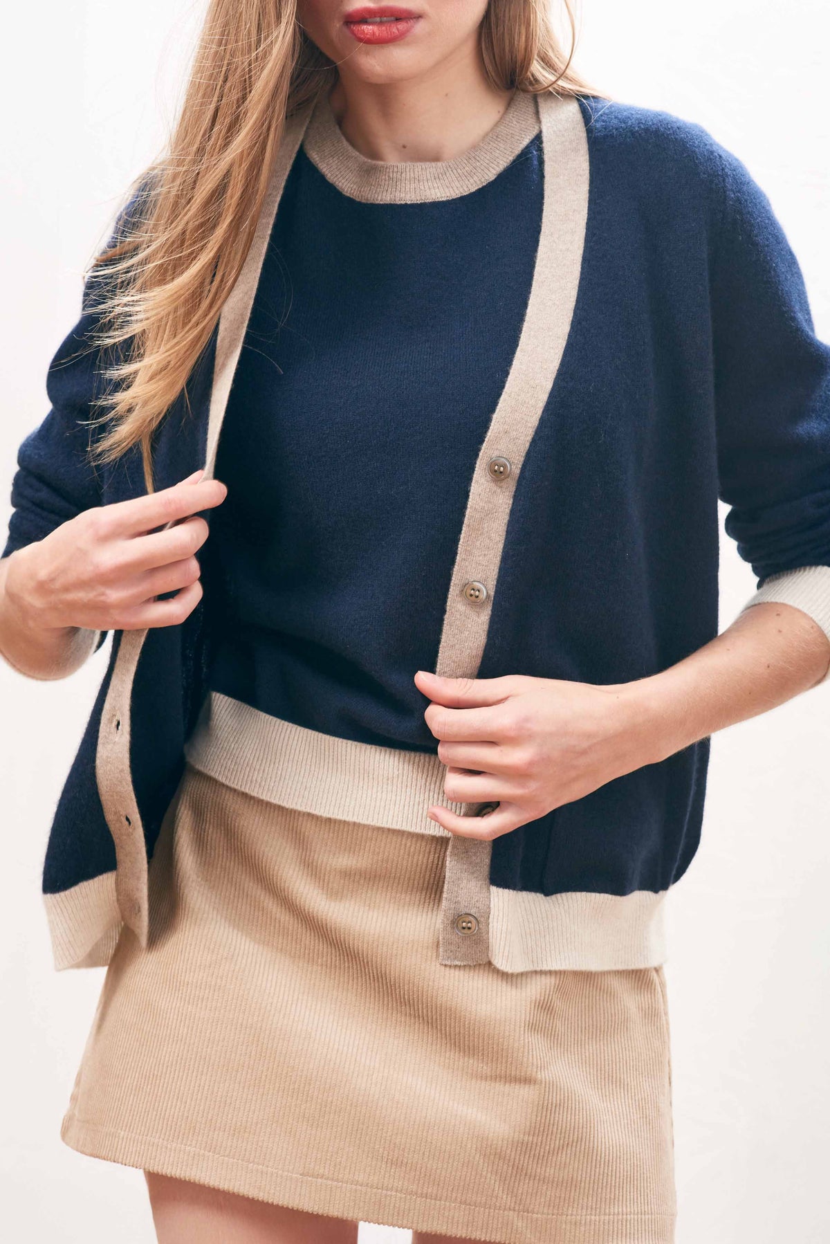 Many Contrast Cashmere Cardigan Navy-Jumper 1234-Lewis Yates