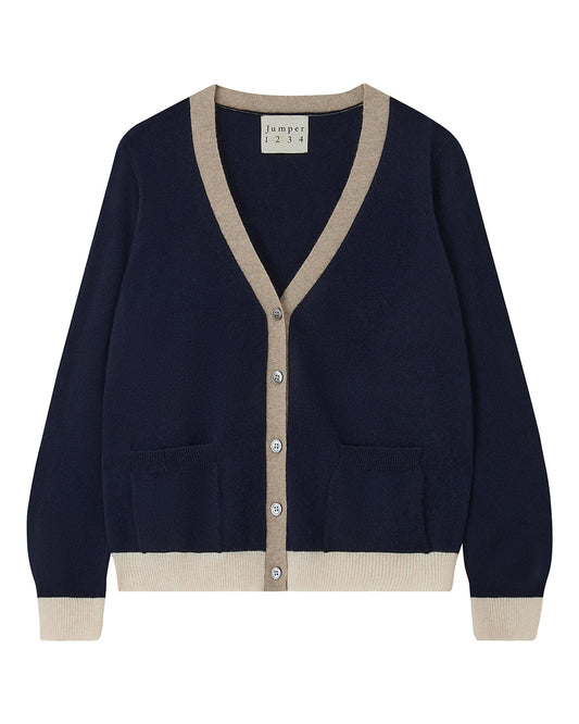 Many Contrast Cashmere Cardigan Navy-Jumper 1234-Lewis Yates