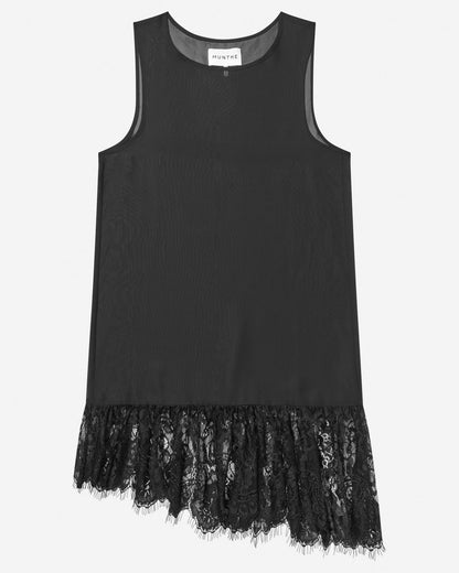 Black sleeveless dress with lace hem on a white background