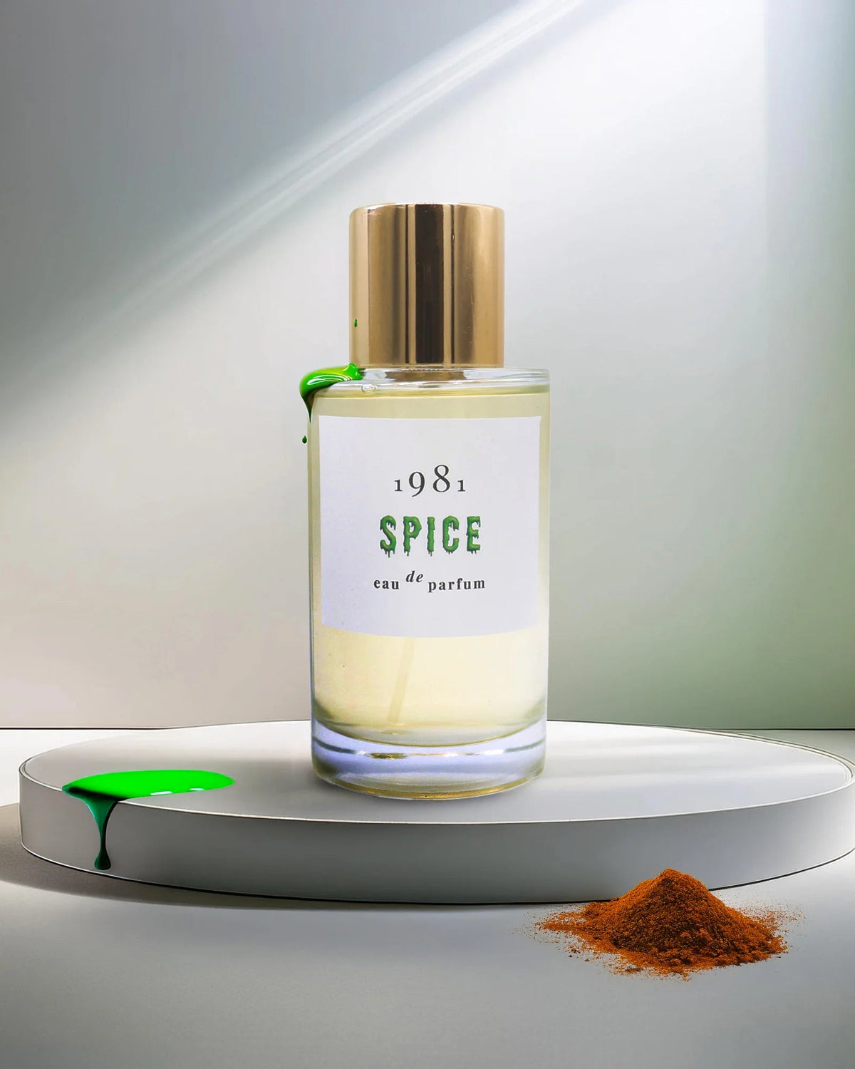 Perfume bottle labeled '1981 Spice' on a white platform with a neutral background