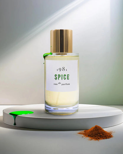 Perfume bottle labeled '1981 Spice' on a white platform with a neutral background