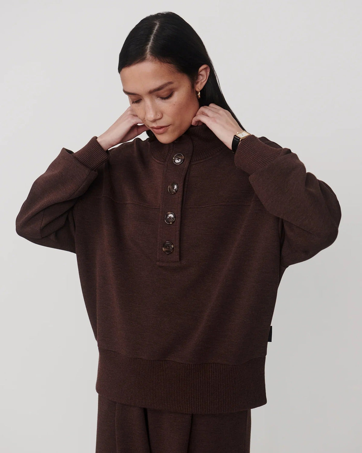 Bronya Button Placket Sweat - Coffee Bean Marl
