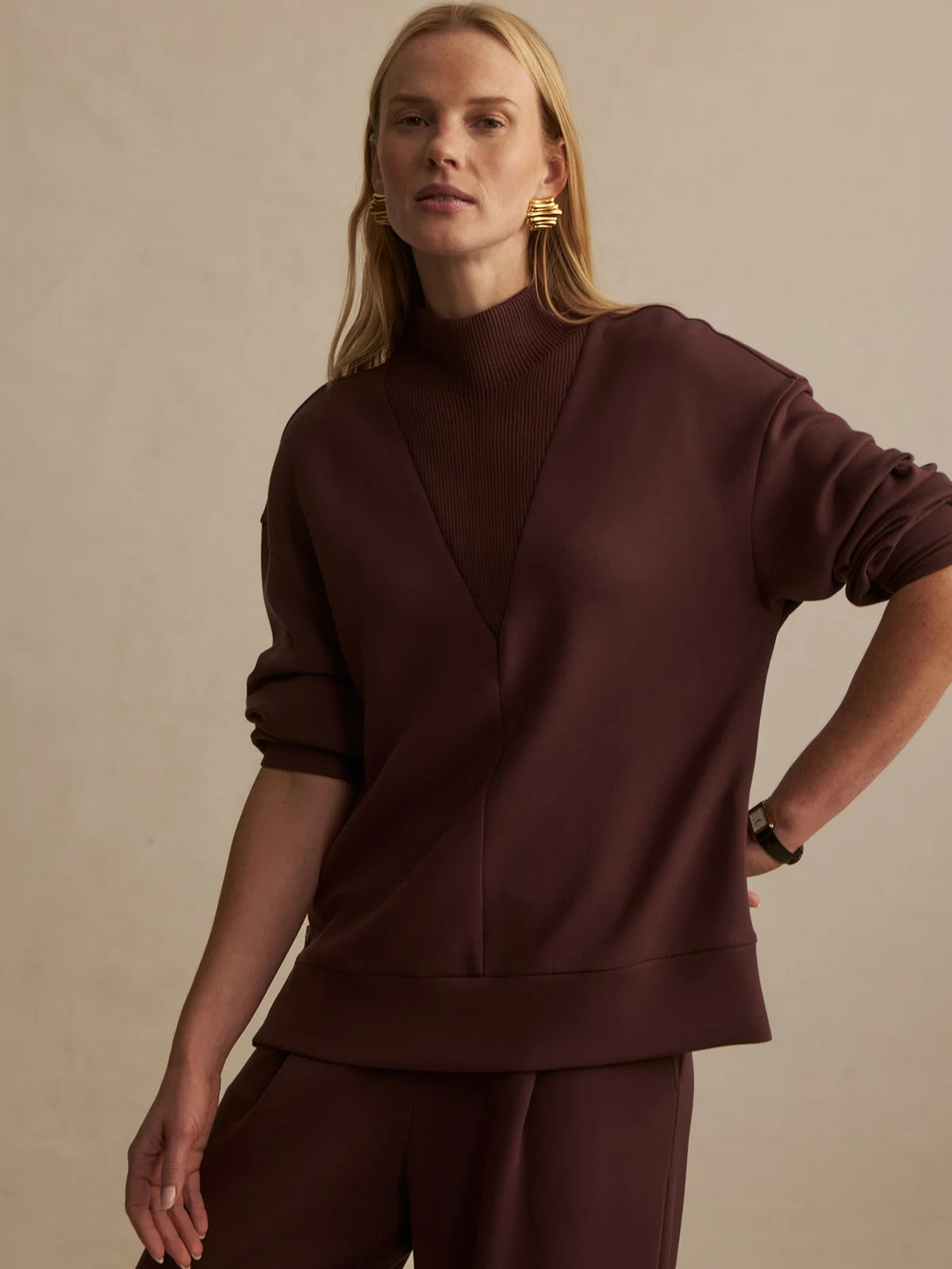 Novi Longline Mock Neck Sweat - Deep Mahogany