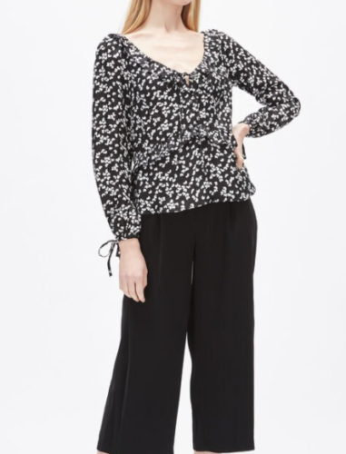 Dancing Petal Print Black Tie Top