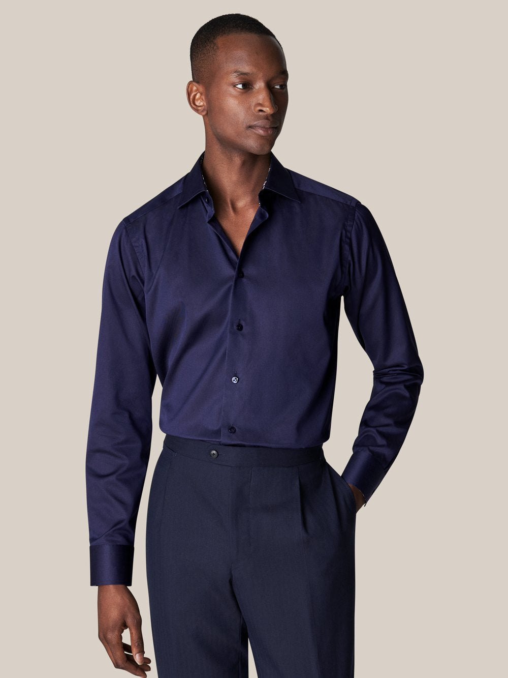 Navy Twill Shirt With Micro Floral Detail