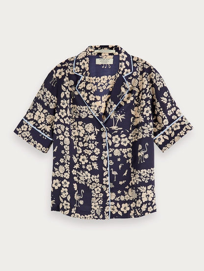 Navy Printed Hawaii Satin Shirt