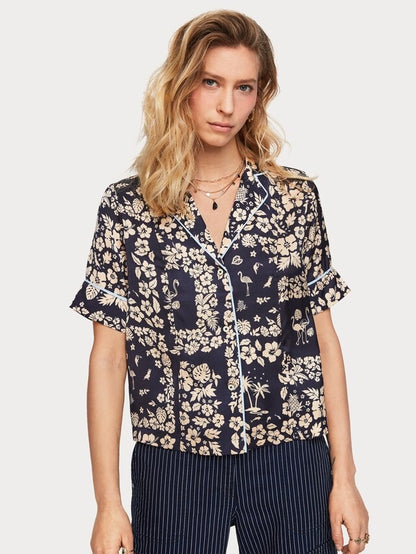 Navy Printed Hawaii Satin Shirt